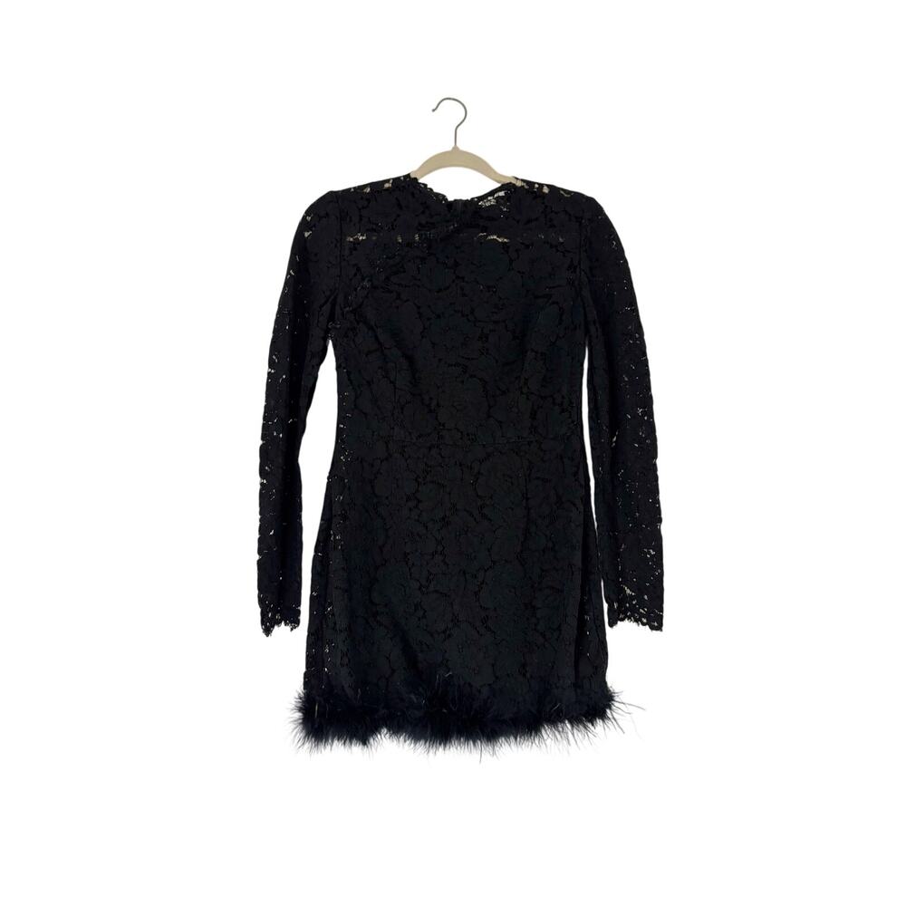 Sau Lee Mara Black Lace Feather Hem Mini Dress Size 8 Long Sleeve Cocktail RTR